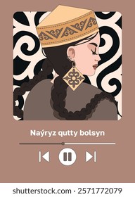 Kazakh text "Happy Nauryz day!" Spring equinox holiday in Kazakhstan. Portrait of kazakh girl in traditional accessories - takiya and national jewellery. Flat vector illustration with musical player