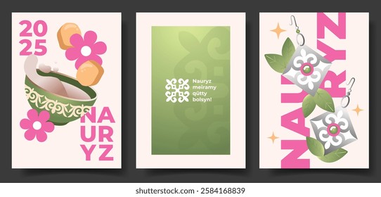 Kazakh text "Happy Nauryz day!" Spring equinox holiday in Kazakhstan. Flat vector greeting card or posters set. Illustration for posters. smm or cards with national ornaments. Kazakh vibe elements.