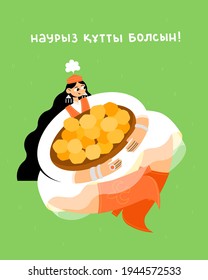 Kazakh-Text "Happy Nauryz!" Frühlingsurlaub in Kasachstan. Ein langhaariges Mädchen in einem nationalen weißen Kleid hält einen Teller mit Baurak-Gebäck. Flache, helle Vektorgrafik.