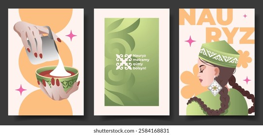 Kazakh text "Nauryz!" Spring equinox holiday in Kazakhstan. Flat vector greeting card or posters set. Illustration for posters. smm or cards with national ornaments. Kazakh vibe elements.