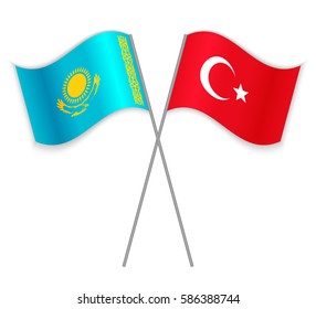 Kazakh and Turkish crossed flags. Kazakhstan combined with Turkey isolated on white. Language learning, international business or travel concept.