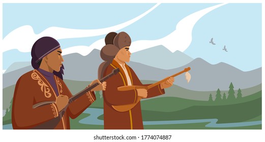 Kazakhs in national costumes play dombra in the steppe. Vector.