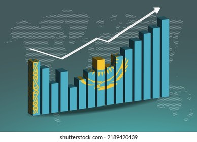 Kazakhstan 3D bar chart graph with ups and downs, increasing values, Kazakhstan country flag on 3D bar graph, upward rising arrow on data, news banner idea, developing country concept