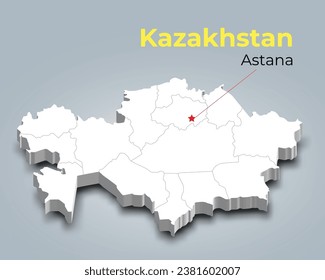 Kazakhstan 3d map with borders of regions and it’s capital