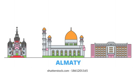 Kazakhstan, Almaty line cityscape, flat vector. Travel city landmark, outline illustration, line world icons
