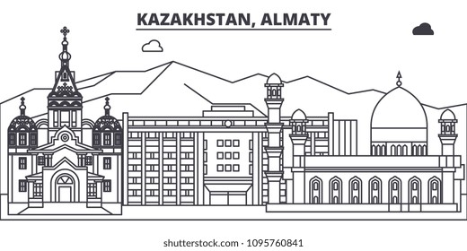 Kazakhstan, Almaty Line Skyline Vector Illustration. Kazakhstan, Almaty Linear Cityscape With Famous Landmarks, City Sights, Vector Landscape. 