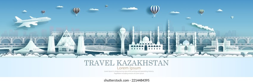 Kazakhstan architecture travel landmarks of Astana and Nur-Sultan famous and popular, Tour cityscape with panorama view and capital, paper origami, paper art style for travel poster and postcard.