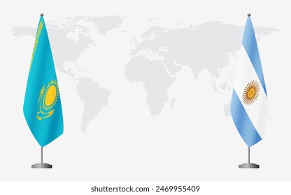 Kazakhstan and Argentina flags for official meeting against background of world map.