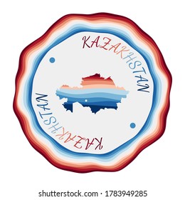 Kazakhstan badge. Map of the country with beautiful geometric waves and vibrant red blue frame. Vivid round Kazakhstan logo. Vector illustration.