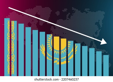 Kasachstan-Balkendiagramm, abnehmende Werte, Krisen- und Downgrade-Konzept, Kasachstan-Flagge auf der Balkendiagramme, Abwärtspfeile auf Daten, Nachrichtenbanner-Idee, Ausfall und Abnahme, Finanzstatistik