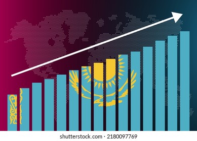 Kazakhstan bar chart graph, increasing values, country statistics concept, Kazakhstan country flag on bar graph, upward rising arrow on data, news banner idea