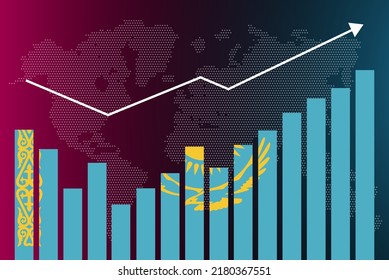 Kazakhstan bar chart graph with ups and downs, increasing values, Kazakhstan country flag on bar graph, upward rising arrow on data, news banner idea, developing country concept