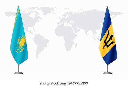 Kazakhstan and Barbados flags for official meeting against background of world map.