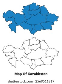 Kazakhstan Blue detailed map border regions outline vector set