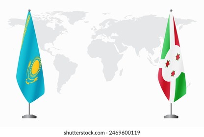 Kazakhstan and Burundi flags for official meeting against background of world map.