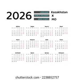 Kazakhstan calendar 2026. Week starts from Monday. Vector graphic design. Kazakh language.