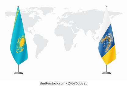 Kazakhstan and Canary Islands flags for official meeting against background of world map.