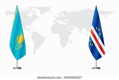 Kazakhstan and Cape Verde flags for official meeting against background of world map.