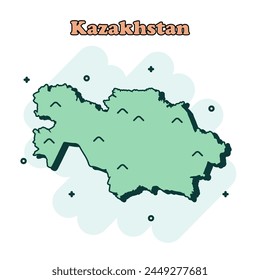 Icono de mapa en color de dibujos animados de Kazajistán en estilo cómico. Pictograma de ilustración de Country. La geografía de la nación salpica el concepto de negocios.