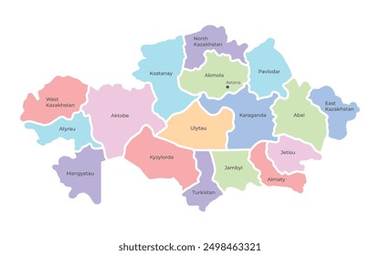 Kazakhstan colorful vector map with administrative regions and capital on white background