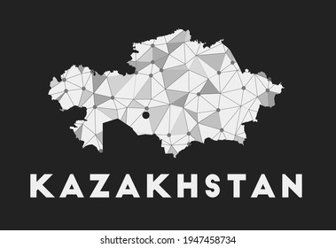 Kasachstan - Landkarte des Kommunikationsnetzes. Kasachstan trendiges geometrisches Design auf dunklem Hintergrund. Technologie, Internet, Netzwerk, Telekommunikationskonzept. Vektorgrafik.