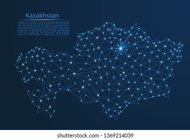 Kazakhstan communication network map. Vector low poly image of a global map with lights in the form of cities in or population density consisting of points and shapes in the form of stars and space.