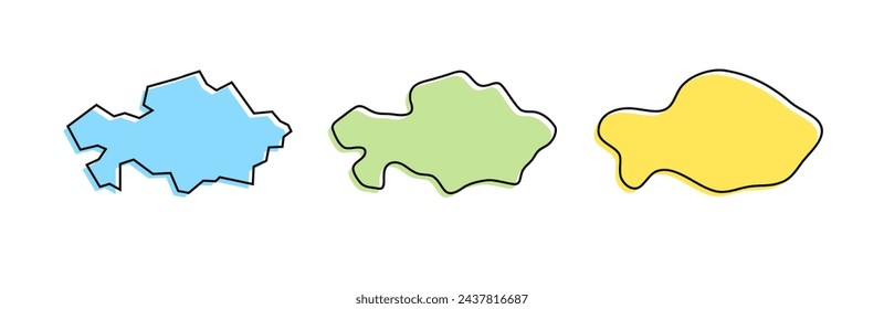 Kazakhstan country black outline and colored country silhouettes in three different levels of smoothness. Simplified maps. Vector icons isolated on white background.