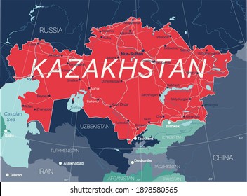 Kazakhstan country detailed editable map with regions cities and towns, roads and railways, geographic sites. Vector EPS-10 file