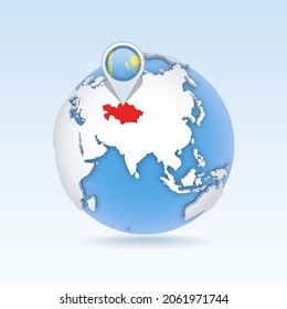 Kazakhstan - country map and flag located on globe, world map. 3D Vector illustration