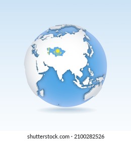 Kazakhstan - country map and flag located on globe, world map. 3D Vector illustration