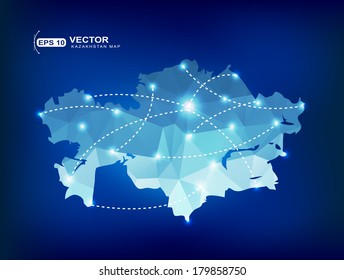 Kazakhstan country map polygonal with spot lights places