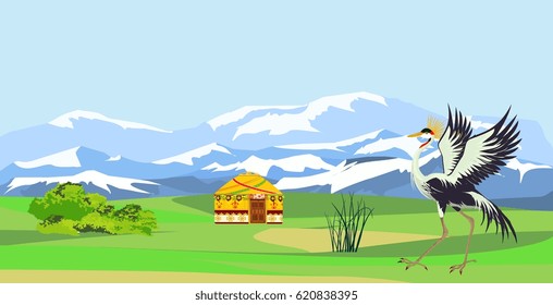 Kazakhstan countryside and nature vector illustration, crane bird and jurt house.