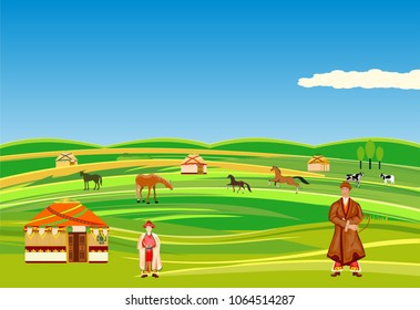 Kazakhstan countryside vector concept view, nomads houses, horses and cows, livestock, sheperds, people in traditional dress