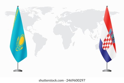 Kazakhstan and Croatia flags for official meeting against background of world map.