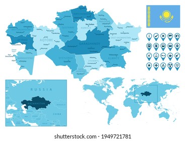 Kazajistán detallado mapa administrativo azul con bandera del país y ubicación en el mapa del mundo.