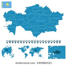 Kazakhstan - detailed blue country map with cities, regions, location on world map and globe. Infographic icons. Vector illustration