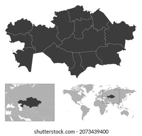 Kazakhstan - detailed country outline and location on world map. Vector illustration