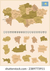 Kazakhstan - detailed map of the country in brown colors, divided into regions. Vector illustration