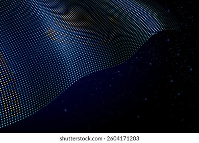 Kazakhstan digital flag made of dots, waving over a starry dark background