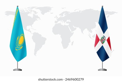 Kazakhstan and Dominican flags for official meeting against background of world map.