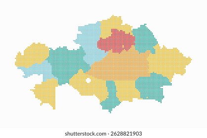 Kazakhstan dotted map. Digital style map of the country on white background. Kazakhstan shape with square dots. Colored dots style. Small size squares. Artistic vector illustration.