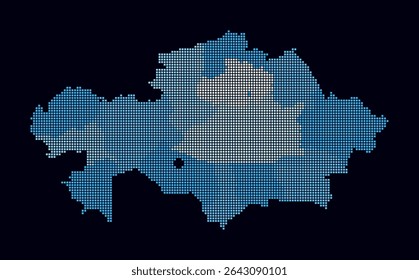 Kazakhstan dotted map. Digital style map of the country on dark background. Kazakhstan shape with square dots. Colored dots style. Small size squares. Awesome vector illustration.