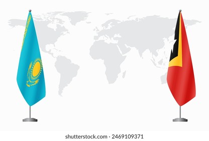 Kazakhstan and East Timor flags for official meeting against background of world map.