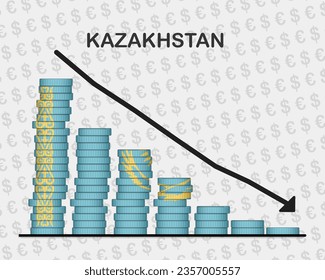 Kazakhstan economic collapse, decreasing values with coins, crisis and downgrade concept, Kazakhstan flag with changes, falling arrow, news banner idea, fail and decrease, financial decline