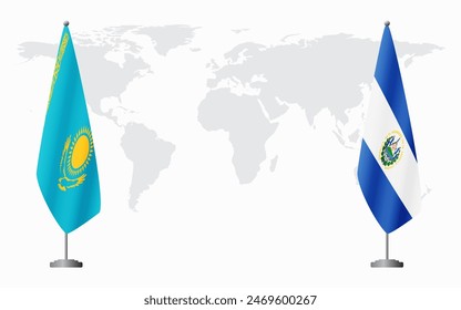 Kazakhstan and El Salvador flags for official meeting against background of world map.