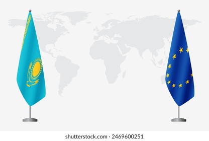 Kazakhstan and European Union flags for official meeting against background of world map.