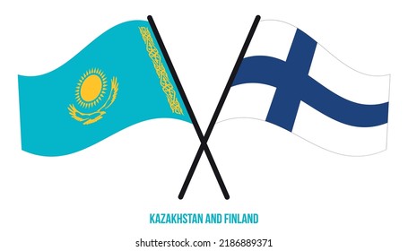 Kazakhstan and Finland Flags Crossed And Waving Flat Style. Official Proportion. Correct Colors.