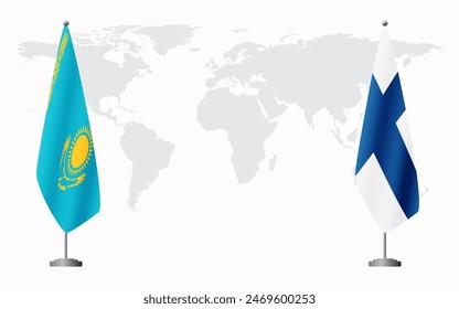 Banderas de Kazajistán y Finlandia para reunión oficial con el fondo del mapa mundial.