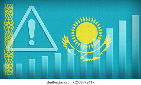 Kazakhstan flag with burlap texture, warning sign, and rising bar chart symbolizing increasing risk or growth challenges in the country. Ideal for data presentations.