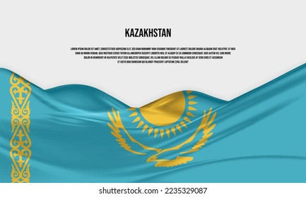 Kazakhstan flag design. Waving Kazakhstan flag made of satin or silk fabric. Vector Illustration.